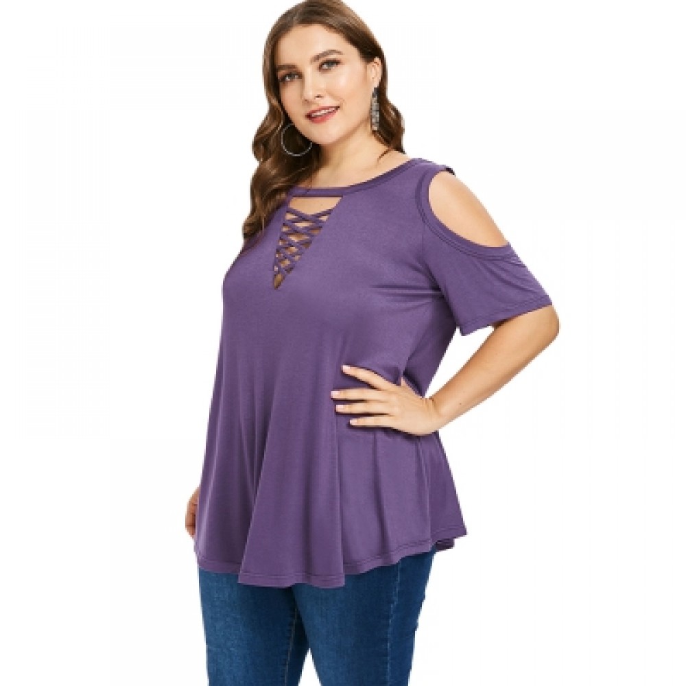 Plus Size Criss Cross Cold Shoulder Top (PURPLE)