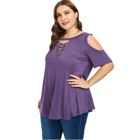 Plus Size Criss Cross Cold Shoulder Top (PURPLE)