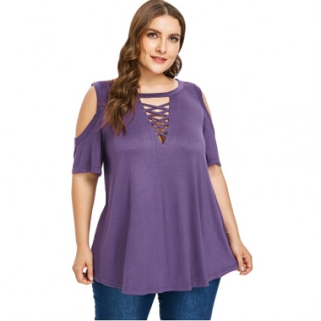 Plus Size Criss Cross Cold Shoulder Top (PURPLE)