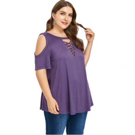 Plus Size Criss Cross Cold Shoulder Top (PURPLE)
