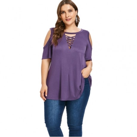 Plus Size Criss Cross Cold Shoulder Top (PURPLE)