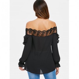 Off The Shoulder Mesh Insert Blouse (BLACK)