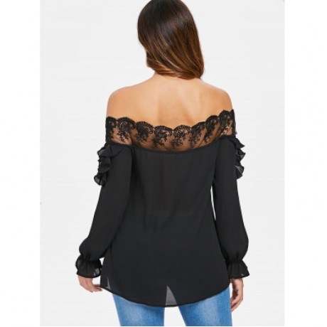 Off The Shoulder Mesh Insert Blouse (BLACK)