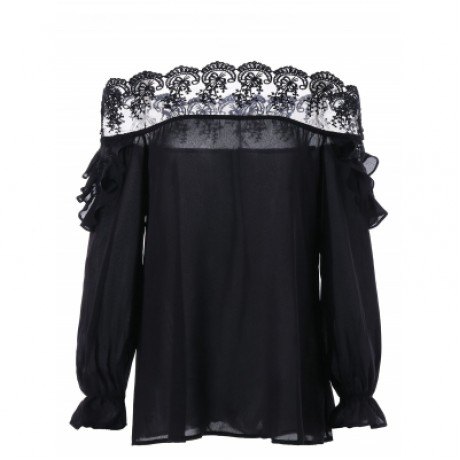 Off The Shoulder Mesh Insert Blouse (BLACK)