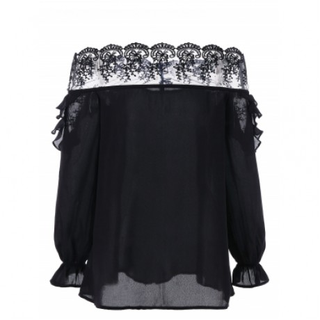 Off The Shoulder Mesh Insert Blouse (BLACK)