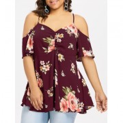 Plus Size Floral Print Open Shoulder Blouse (RED WINE)