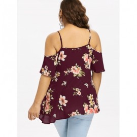 Plus Size Floral Print Open Shoulder Blouse (RED WINE)