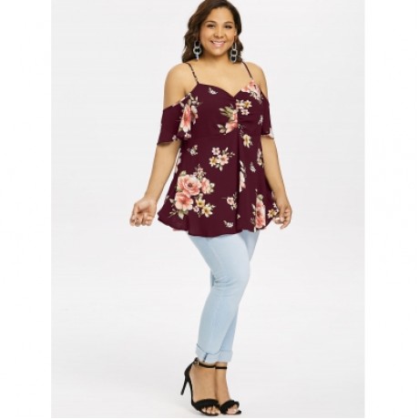 Plus Size Floral Print Open Shoulder Blouse (RED WINE)
