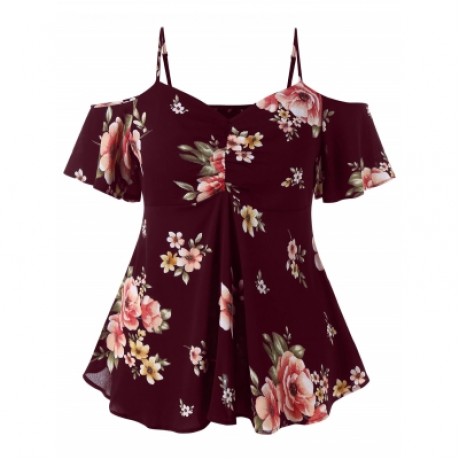 Plus Size Floral Print Open Shoulder Blouse (RED WINE)