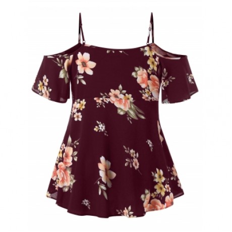Plus Size Floral Print Open Shoulder Blouse (RED WINE)