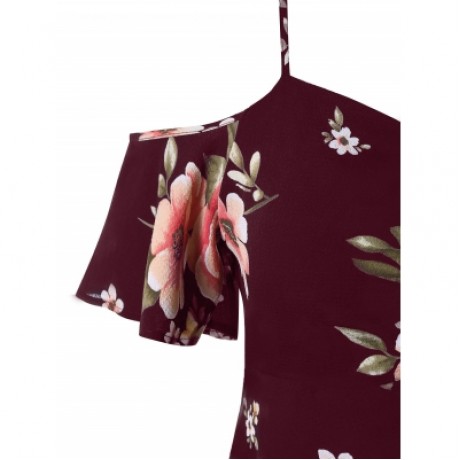 Plus Size Floral Print Open Shoulder Blouse (RED WINE)