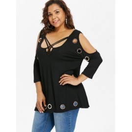 Plus Size Cold Shoulder Three Quarter Sleeve T-shirt (BLACK)