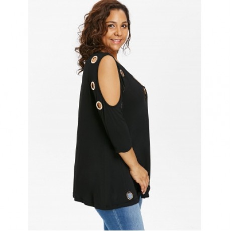 Plus Size Cold Shoulder Three Quarter Sleeve T-shirt (BLACK)
