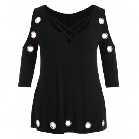 Plus Size Cold Shoulder Three Quarter Sleeve T-shirt (BLACK)