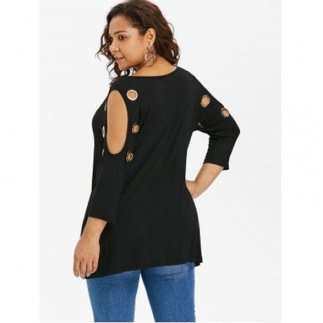 Plus Size Cold Shoulder Three Quarter Sleeve T-shirt (BLACK)