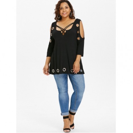 Plus Size Cold Shoulder Three Quarter Sleeve T-shirt (BLACK)