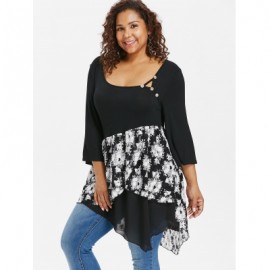 Plus Size Floral Overlap Asymmetric T-shirt (BLACK)