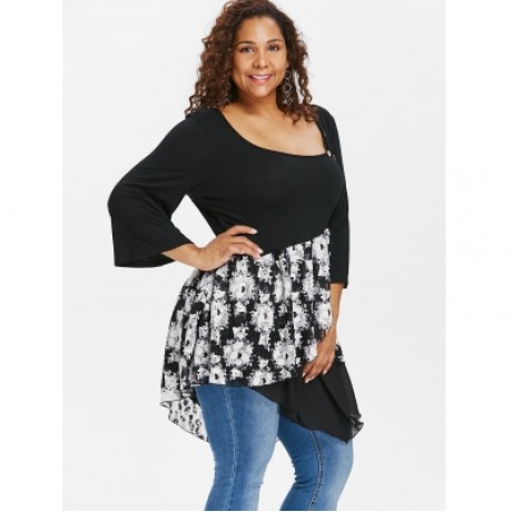 Plus Size Floral Overlap Asymmetric T-shirt (BLACK)