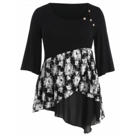 Plus Size Floral Overlap Asymmetric T-shirt (BLACK)