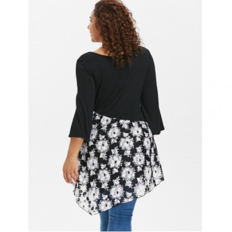 Plus Size Floral Overlap Asymmetric T-shirt (BLACK)