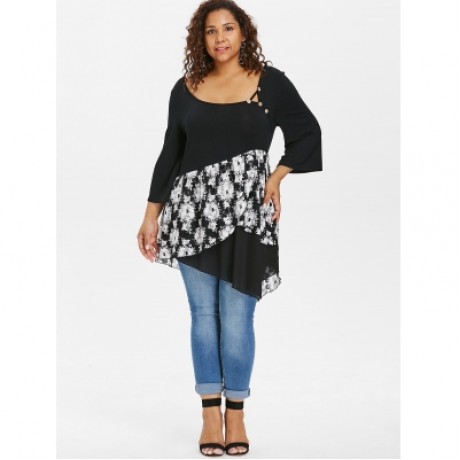 Plus Size Floral Overlap Asymmetric T-shirt (BLACK)