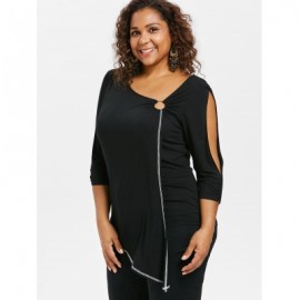 Plus Size Split Sleeve Asymmetric T-shirt (BLACK)