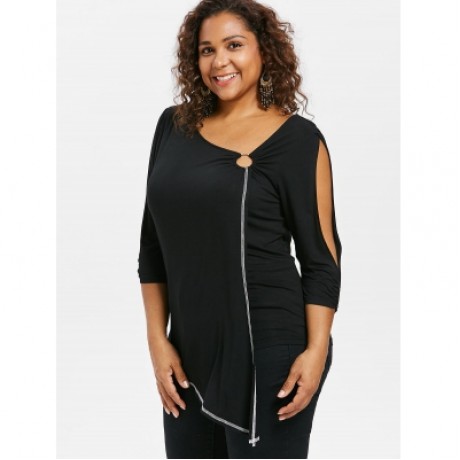Plus Size Split Sleeve Asymmetric T-shirt (BLACK)