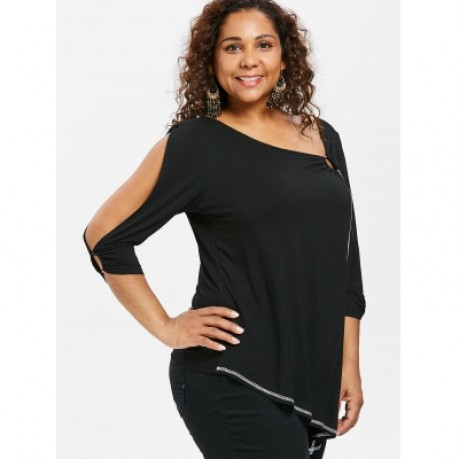 Plus Size Split Sleeve Asymmetric T-shirt (BLACK)