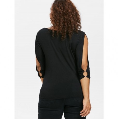 Plus Size Split Sleeve Asymmetric T-shirt (BLACK)