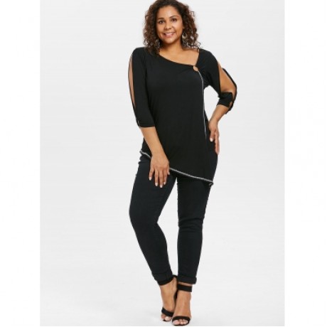 Plus Size Split Sleeve Asymmetric T-shirt (BLACK)