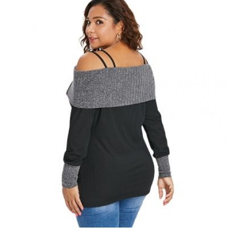 Plus Size Long Sleeve Open Shoulder T-shirt (BLACK)