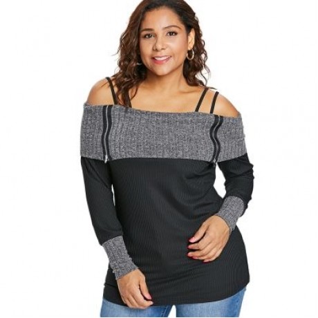 Plus Size Long Sleeve Open Shoulder T-shirt (BLACK)