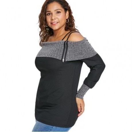 Plus Size Long Sleeve Open Shoulder T-shirt (BLACK)