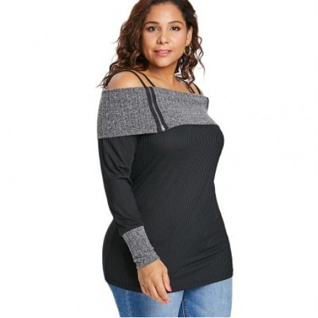 Plus Size Long Sleeve Open Shoulder T-shirt (BLACK)