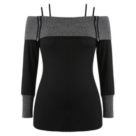 Plus Size Long Sleeve Open Shoulder T-shirt (BLACK)