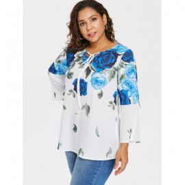 Plus Size Self Tie Keyhole Floral Blouse (BLUE)