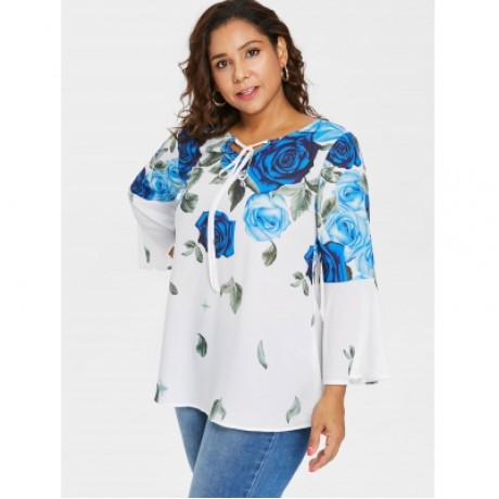 Plus Size Self Tie Keyhole Floral Blouse (BLUE)