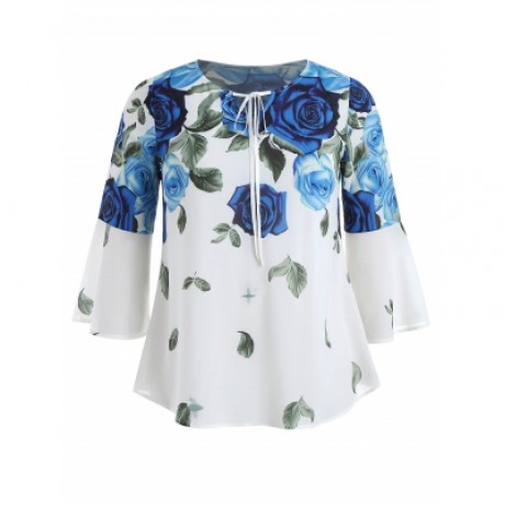 Plus Size Self Tie Keyhole Floral Blouse (BLUE)