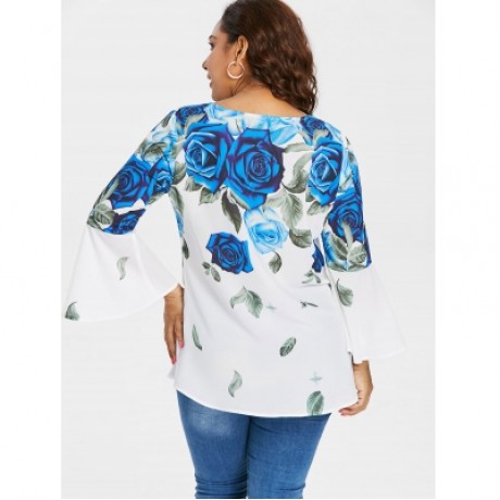 Plus Size Self Tie Keyhole Floral Blouse (BLUE)