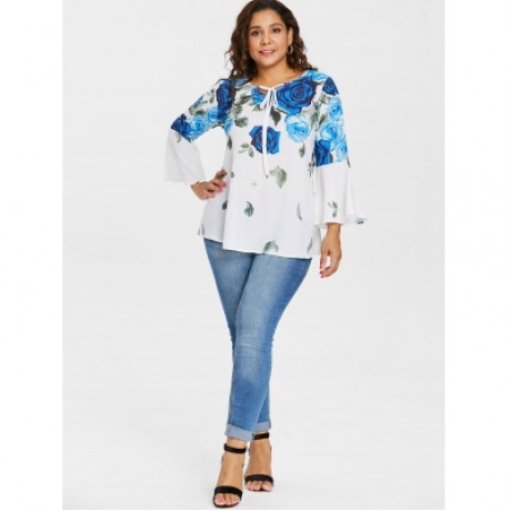 Plus Size Self Tie Keyhole Floral Blouse (BLUE)