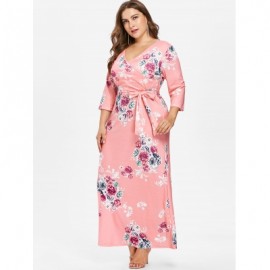 Plus Size Flower Print Floor Length Dress (LIGHT PINK)