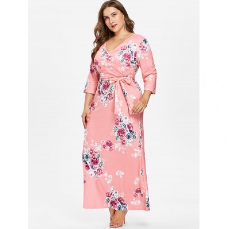 Plus Size Flower Print Floor Length Dress (LIGHT PINK)