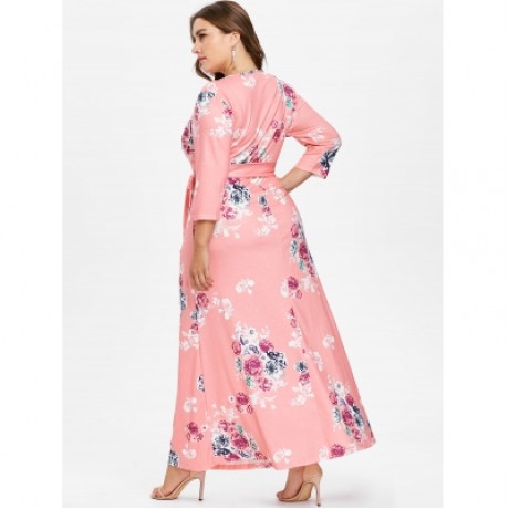 Plus Size Flower Print Floor Length Dress (LIGHT PINK)