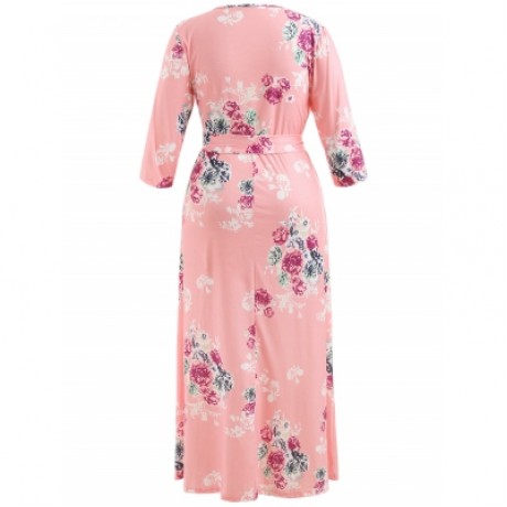 Plus Size Flower Print Floor Length Dress (LIGHT PINK)
