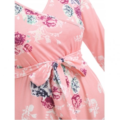 Plus Size Flower Print Floor Length Dress (LIGHT PINK)