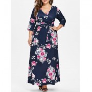 Plus Size Flower Print Floor Length Dress (CADETBLUE)