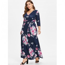 Plus Size Flower Print Floor Length Dress (CADETBLUE)
