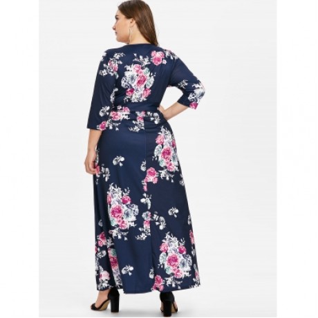 Plus Size Flower Print Floor Length Dress (CADETBLUE)