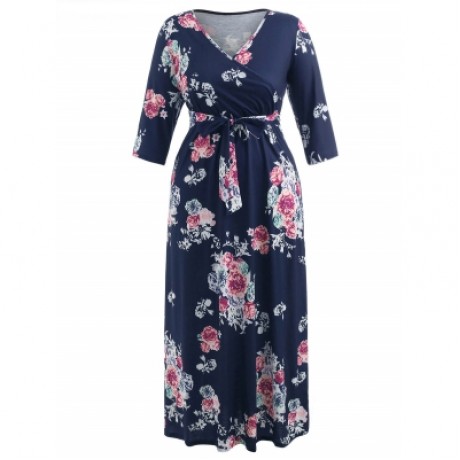 Plus Size Flower Print Floor Length Dress (CADETBLUE)
