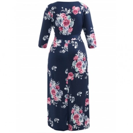 Plus Size Flower Print Floor Length Dress (CADETBLUE)